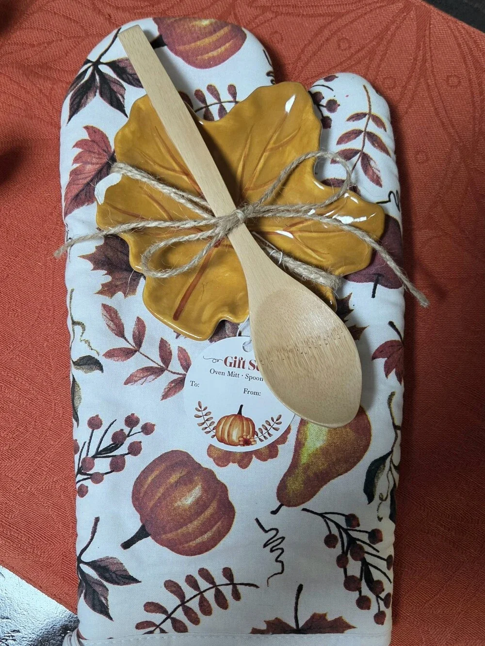 Fall Harvest Oven Mitt and Spoon Set - Orange Floral